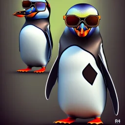 Hipster penguin with look and fashion from THE1970's. Retro clothing style. long hair. Plays in a Rock band.