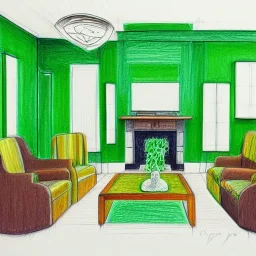 A living room with armchair and fancy stools. green color pencil draft