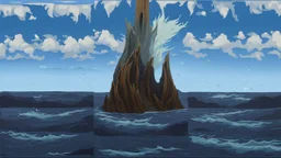 a thick hollow twisting tree trunk rises out of the raging sea, a whirlpool inside the base of the spire