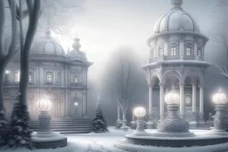 Beautiful landscape in pastel colors, lanterns, mansion, frosty columns, icy fountain, mystical glow, filigree, snow-covered trees,I am snow, mystical haze, black sky, white velvet clouds descend on the city, realistic, beautiful style, professional photography,about high resolution, cgi,f/19.1/200s, in light silver tones, sophistication, highly detailed, digital painting, moon, wonderful, microdetalization, high contrast