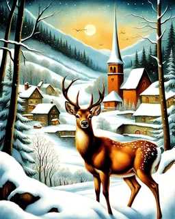 v20th century hungarian vintage postcard, painting of a deer in a snowy forest , a little cute village in the valley in the background, christmas mood, cosy enchanted winter scene, beautiful depiction, inspired by Terry Redlin, snowy winter beauty scene, painting, by Cindy Wright, beautiful detail, by Doris Blair, wintery scene, amazing detail, stunning artwork, vintage postcard, nostalgic style