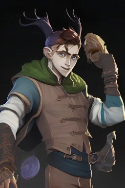 male fey with black hair, a grin, blue colored clothes and a notebook in his hand