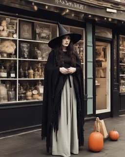 full-length, young woman dressed like a modern-day witch, with dark hair, outside a shop