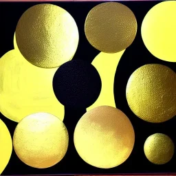  rough painting black canvas and gold metallic painted circles in the style of malevich