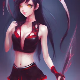 A lovely woman, An anime girl, black long hair, red eyes, red horns, black crop top, black shorts