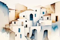 abstract minimalist geometric watercolour of a Greek village on rough textured bumpy plaster wall
