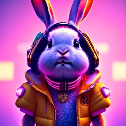 pixar style anamorphic cute cyberpunk rabbit baby, smiling,gangsta gold neckless, full body, magenta puffer jacket, manila city backdrop, hyper realistic, unreal engine 5, 16k