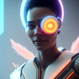 A beautiful portrait of a cyberpunk wonam smiling facing camera orange color scheme, high key lighting, volumetric light high details with white stripes and feathers unreal 5, octane render, cinema4d, dynamic lighting, dramatic lighting, 4k, redshift render, highly detailed, hyper realistic