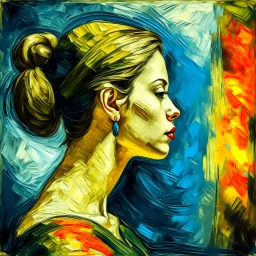 Side profile of a beautiful young woman with her aspirations behind her. Opulent Van Gohn style painting