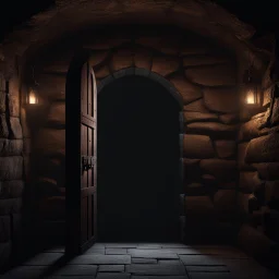Inside of a dungeon with stone floor and a heavy wooden door. the only light comes from a small barred window high on the wall. Dark gothic fantasy. photorealistic. 4k