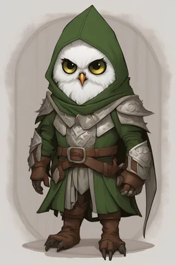 Dungeon and Dragons white Owlkin with green eyes, in black and brown leather armor and a hood