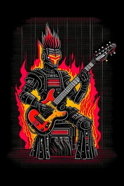 A robot terminator with a red punk crest playing bass, black background, flames all around him.