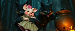 in magical black forest the bad hairy chest wolf carrying a lovely scared wtf are you up to, Korean pig girl with dress under his arms, big cauldron in the background in the style of fallout 4,
