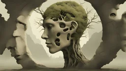 Skin bones stone face, dystopian environment, a forest can be seen through a hole in the side of the head, cracks and peeling in the face, a brain from another time, a portal to the distant future Surrealism and abstraction