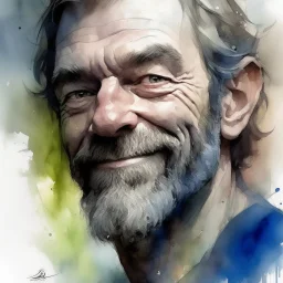 dnd, fantasy, watercolour, large strokes, stylistic, portrait, illustration, male, face, weathered face, sly, violent, evil, smiling, vigorous