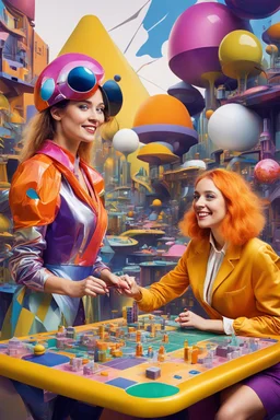 Humorous and quirky, avant garde, Beside a detailed Roger Dean styled sculpted biome in urban mis-en-scene, cute young ladies in neo-dada attire strike laugh as they play a futuristic board games. Colours of orange-gold, mid yellow, silver, mauve, ochre, pink, red, orange, cream, lime green, indigo blue, high end fashion, plants, odd machines and sculptures