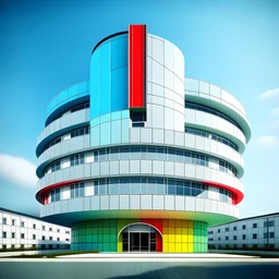 A hospital building with a main idea built in the shape of an atom that gives the impression of containment and hope, with the use of appropriate colors of high quality and photographed from appropriate angles.