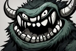 closeup of a maniacal grinning monster's face, big teeth, fur, bumps and horns, my pet monster inspiration, urban character design