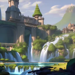 complex outdoor scene with waterfall and futuristic castles by warner brothers animation