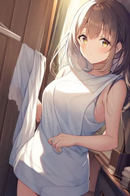 anime girl entering her room, wearing a towel