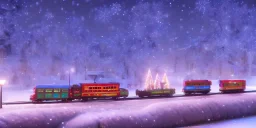 train passing magic big city in christmas night, snow flakes, many three, Christmas decoration, Christmas light, high contrast, best quality, 8k, hight detailed, 3d, render, lumion, shooting star