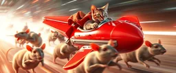 rocket ship cat captain in high speed pursuit among neon rat soldiers, with background motion blur