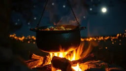 delicious stew bubbling in a large iron cauldron suspended over the heat of a wood fire, outside, night, stars, moon, fireflies, award-winning photograph, beautiful composition, exquisite detail and illumination