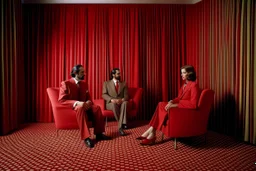 Un hombre vestido con traje, un hombre con pijama rojo, y una mujer vestida con traje, sentados en sillones, en una habitación de suelo de baldosas con líneas zigzagueantes, la habitación la recorre una gran cortina roja, fotografía realizada con cámara Leica y objetivo de 50 mm