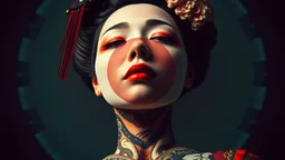 The surrealism from a wide shot, from below angle view of the full body tattooed geisha woman appears to be composed of circular layers separated by color. Each section shows a part of the face: the top layer shows the hair and eyes, the second layer the nose, the third layer the lips, the fourth layer the chin and so on, while the bottom shows the various layers of the body, using a severe glitch effect. Surrealist background of alien darkness with absurd elements.