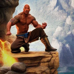 Fantasy, Dwayne Johnson as shaolin monk, heroic, award winning, insanely detailed, sunlit, realistic, meditating,acrylic paint, 8k resolution, hdr