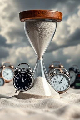 Sands clock is filled with a small tiny analog alarm clocks and digital clocks in the background of cloudy stormy with the universe background look like time within time for eternity , great picture with high resolution and 4k quality