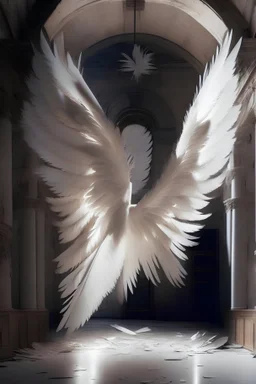 Ultra realistic extra large white wings with real feathers as a digital backdrop in a rustic palace contemporary cinematic lighting ultra wide shot aspect ratio 6:9