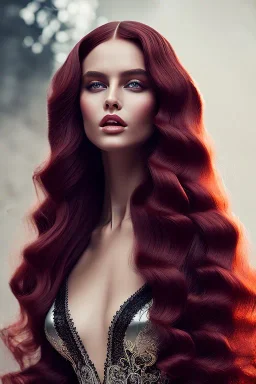 A portrait of a beautiful curvaceous woman with long straight curly red hair, wearing a black lace dress with a deep v neck, sorceress, magical, ethereal, intricate, sharp lighting, misty. Painting, high quality, Ultra quality 8k.