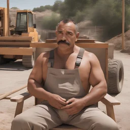 photography of a marocan ugly burly serious wet sweaty, beefy strong fat carpenter, shirtless, in overall, bulge, manly chest, big salt-and-pepper mustache 50 years old, short hair, sitting with open legs on a little chair , on a construction site in the middle of a road, under the August sun, emotional eyes, , hyper-realistic, photorealistic , frontal view from the ground