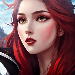 mysterious youthful Russan female, man, dark and intriguing, confident, intense, handsome, anime style, retroanime style, red long hairs, white woman,