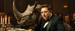portrait painted by Rembrandt, stupid looking furry dragon rhino Elon Musk at banquet