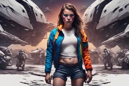 Beautiful girl with rainbow eyes, warrior, strong, sad, resilient, defiant, full body, with family of 5 beside her, defending, Masterpiece, best quality, cinematic lighting, futuristic, standing in front of crashed spaceship, tough stance.