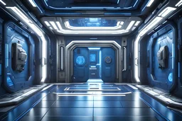 закрытые автоматические двери космической станции из приемной императора с ультро современным дизайном голубого цвета научная фантастика интерьер звездных войн фотграфия 4к реалистично