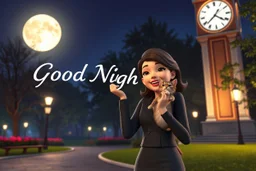 sign "Good Night" 3D video game character elegant young woman enthusiastically and cheerfully comes out of a park, fluffy tabby cat in her hand, in supermoon light at night, clocktower in the background, showing 11:00