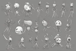 make a bunch of simple hand-drawn spooky and cute cartoon characters with bodies arms, and legs I could draw and make them all different