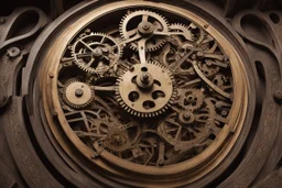 Looking down into a complicated large, old-fashioned, engraved, clock mechanism with hands