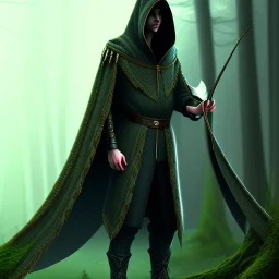 Male, Dark hair, Digital Art, Bow in hand, Hooded Cloak, Dark Forrest background