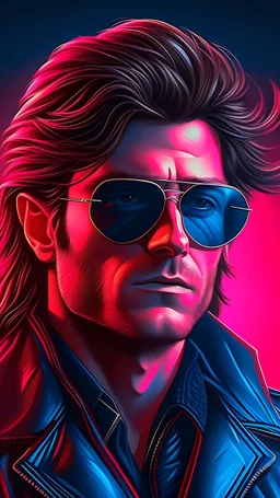 Zack Efron wearing sunglasses, very long hair and a leather jacket, a character portrait by Erwin Bowien, featured on flickr, neo-dada, synthwave, darksynth, retrowave
