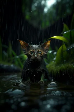 cat bat +won the dark clouds, portrait in weird waterfall in moist swamp planet , photo-realistic, shot on Hasselblad h6d-400c, zeiss prime lens, bokeh like f/0.8, tilt-shift lens 8k, high detail, smooth render, down-light, unreal eng