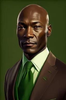 realistic Portrait of a man in his late forties. He wears a brown suit and a green tie and he is bald. dark skin. he looks like a politcian
