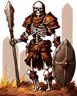 tabletop RPG skeleton warrior with sword and shield and rusted chainmail rpg art no background