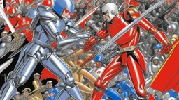 A digital illustration by Kuniyoshi and Hajime Sorayama of a fight between androids with anarchist flags and human fascists.