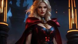 A blonde sorceress in a black and red carbon fiber outfit at night. a masterpiece, 8k resolution, dark fantasy concept art, by Greg Rutkowski, dynamic lighting, hyperdetailed, intricately detailed, Splash screen art, trending on Artstation, deep color, Unreal Engine, volumetric lighting, Alphonse Mucha, Jordan Grimmer, blue and yellow complementary colors.