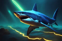 Symbiot shark in 8k solo leveling shadow artstyle, venom them, blue lights, sea, neon lights, intricate details, highly detailed, high details, detailed portrait, masterpiece,ultra detailed, ultra quality