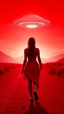 A beautiful girl walking with an alien both their hands on both shoulders from rear view , they are walking toward a ufo spacecraft that appears ilanding in a distance ,in romantic themes background is a vivid red sky, and the lighting creates a dramatic and otherworldly atmosphere